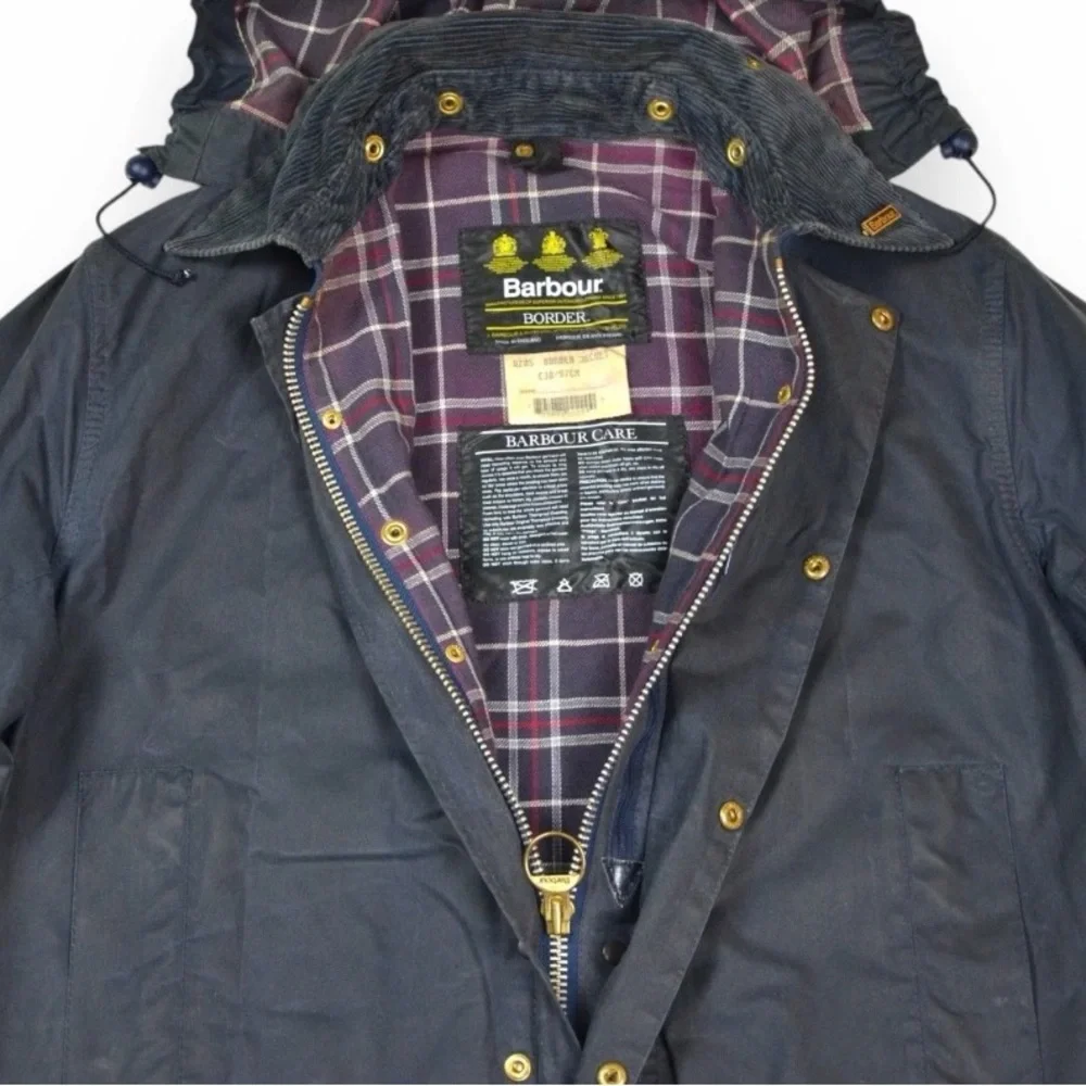 VTG Barbour Border Wax Jacket With Hood 1994 A205 Navy Blue Made In England C38 - Picture 2 of 16